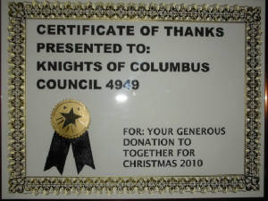 KOFC 4949Together for ChristmasThank Certificate. KOFC4949 donated $1000 for the event