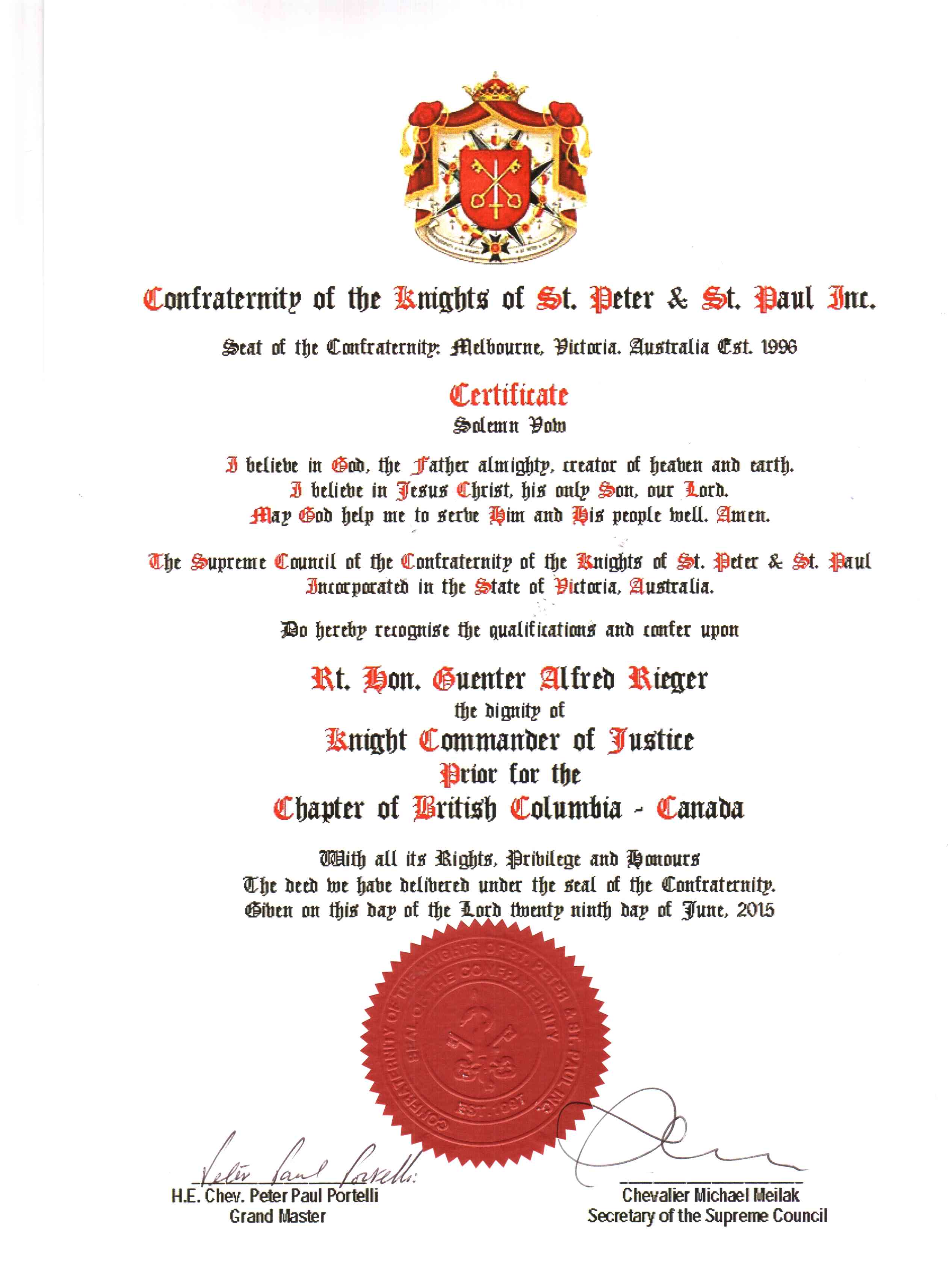 CertificateRtHonGuenterAlfredRiegerPrior